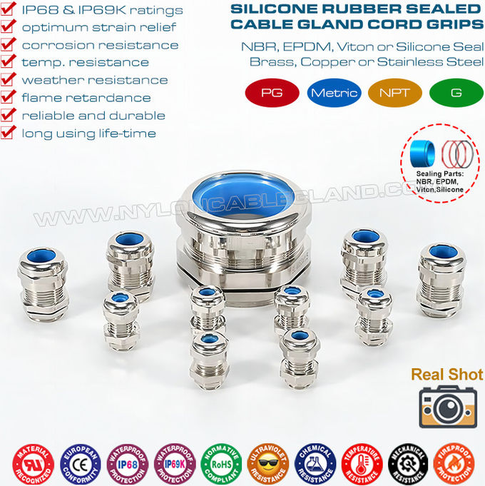 Никелированные латунные кабельные вводы PG, водонепроницаемые металлические кабельные гермовводы кабелни щуцери IP68 с синими силиконовыми уплотнениями и уплотнительными кольцами