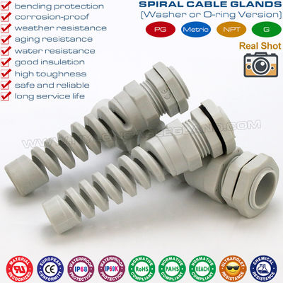 Nylon (Polyamide) Cable Gland, Spiral Type, IP68 Version, PG or Metric Pitch, Gray or Black, for Electrical Cabinet