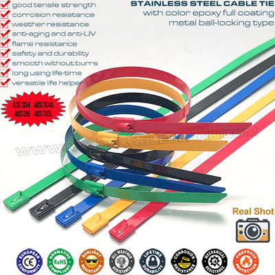 304/316 Stainless Steel Cable Tie Epoxy Polyester Fully Coated 500mm x 7.9, Nylon Plastic Sprayed Metal Cable Tie (Ø13-128mm, 380lbs) for Organize Cables