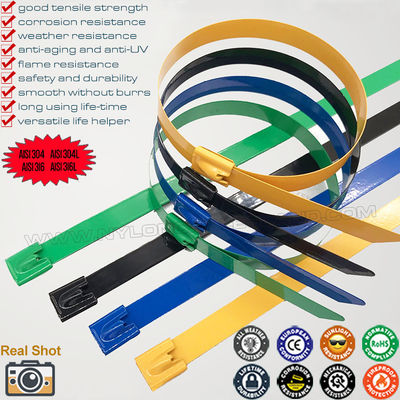 304/316 Stainless Steel Cable Tie Epoxy Polyester Fully Coated 500mm x 7.9, Nylon Plastic Sprayed Metal Cable Tie (Ø13-128mm, 380lbs) for Organize Cables