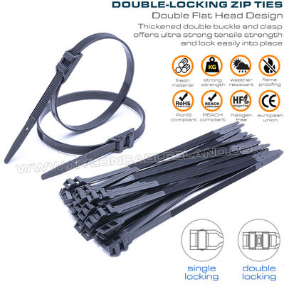Double Locking Cable Ties/Double Flat-Head Cable Ties, Black, Nylon (PA) 6.6, 760x9mm, 110lbs, 500N, Ø20~220mm, Outdoor Use