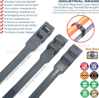 Double Locking Cable Ties/Double Flat-Head Cable Ties, Black, Nylon (PA) 6.6, 760x9mm, 110lbs, 500N, Ø20~220mm, Outdoor Use