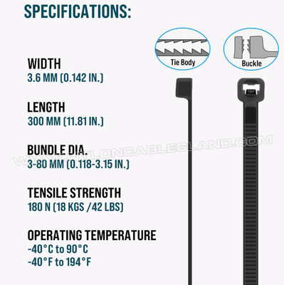 UV Resistant Nylon 12 (Polyamide 12 / PA 12) Cable Tie 300mm x 3.6, Super Weather Resistance, for Durable Outdoor Use