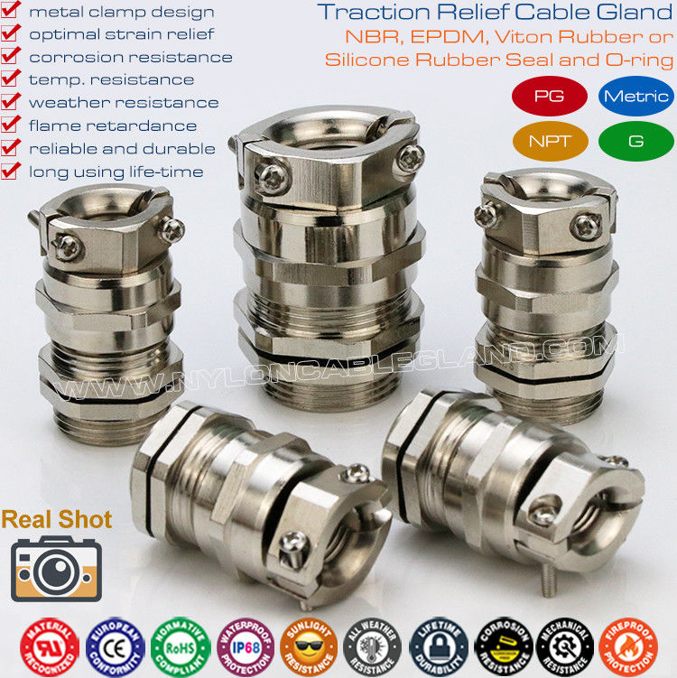 Waterproof IP68 Metal Cable Gland PG7~PG48 / M12~M64 with Strain Reliever (Clamping Device)