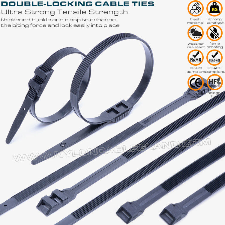 Double Locking Cable Ties/Double Flat-Head Cable Ties, Black, Nylon (PA) 6.6, 760x9mm, 110lbs, 500N, Ø20~220mm, Outdoor Use
