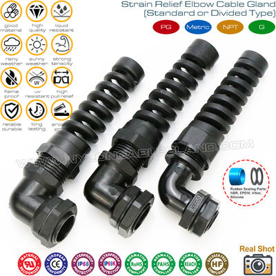 Колено 90° (прямой угол) пластиковые метрические кабельные вводы IP68 со спиральным изгибом и защитой от изгиба