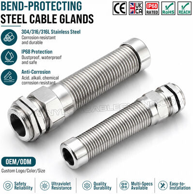 IP68 Гибкий кабельный ввод сальник гермоввод со спиралью M32x1.5 (Ø 15-22 мм), нержавеющая сталь 304, 316 или 316L, для эксплуатации в суровых условиях